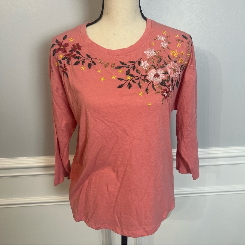 IB Diffusion 3/4 Sleeve Pink Tshirt Floral Embroidered Cotton Women’s Size Large